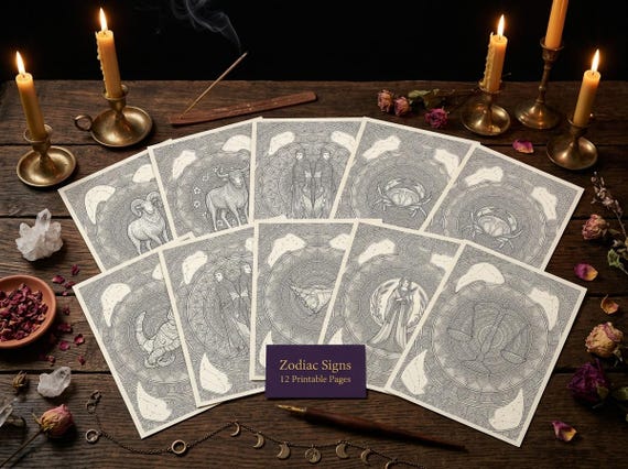 Zodiac Signs Mandala Coloring Book, Printable Astrology Coloring Pages, Complete 12 Sign Set PDF, Premium Digital Download view 4