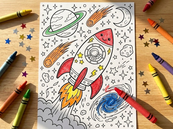 Space Kids Coloring Book, 30 Printable Coloring Pages for Ages 4-8, Boys and Girls Activity PDF, Digital Download view 3