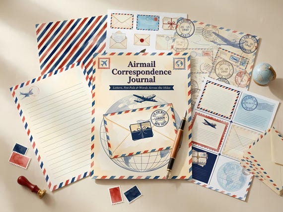 Airmail Junk Journal Kit, Printable Vintage Travel Journal Pages, Pen Pal Letter Ephemera, Postage Stamps, Digital Download · JK-080 view 5
