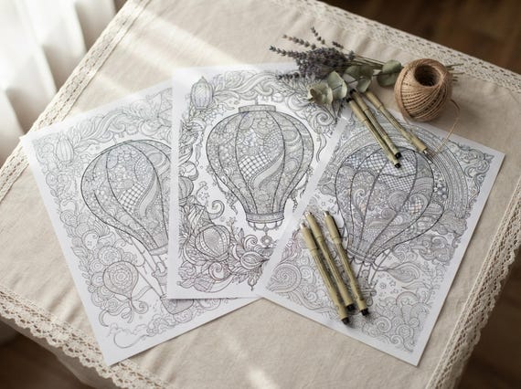 Whimsical Hot Air Balloons Coloring Book, Printable Adult Coloring Pages, Stress Relief PDF, Digital Download · CB-28 view 3