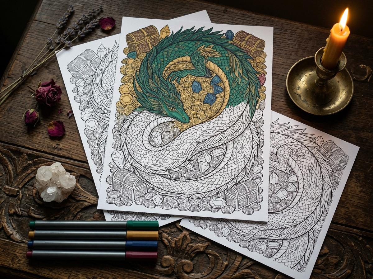 Dragons and Mythical Beasts Coloring Book, Printable Fantasy Creature Coloring Pages, 30 Page PDF, Premium Digital Download