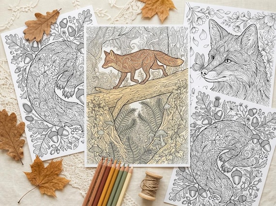 Red Foxes & Autumn Woodland Coloring Book, Printable Adult Coloring Pages, Fox Nature Stress Relief PDF, Digital Download view 4