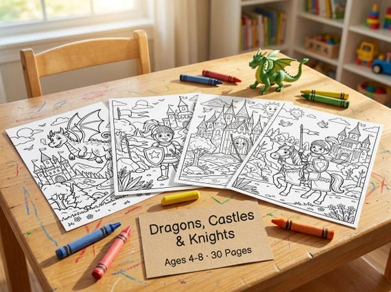 Dragons, Castles & Knights Kids Coloring Book, 30 Printable Coloring Pages for Ages 4-8, Boys and Girls Activity PDF, Digital Download view 6