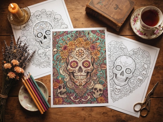 Sugar Skulls Fiesta Coloring Book, Printable Adult Coloring Pages, Stress Relief PDF, Digital Download · CB-34 view 6