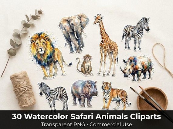 Watercolor Safari Animal Clipart, 30 Transparent PNG, Commercial Use, Sublimation POD, Digital Download