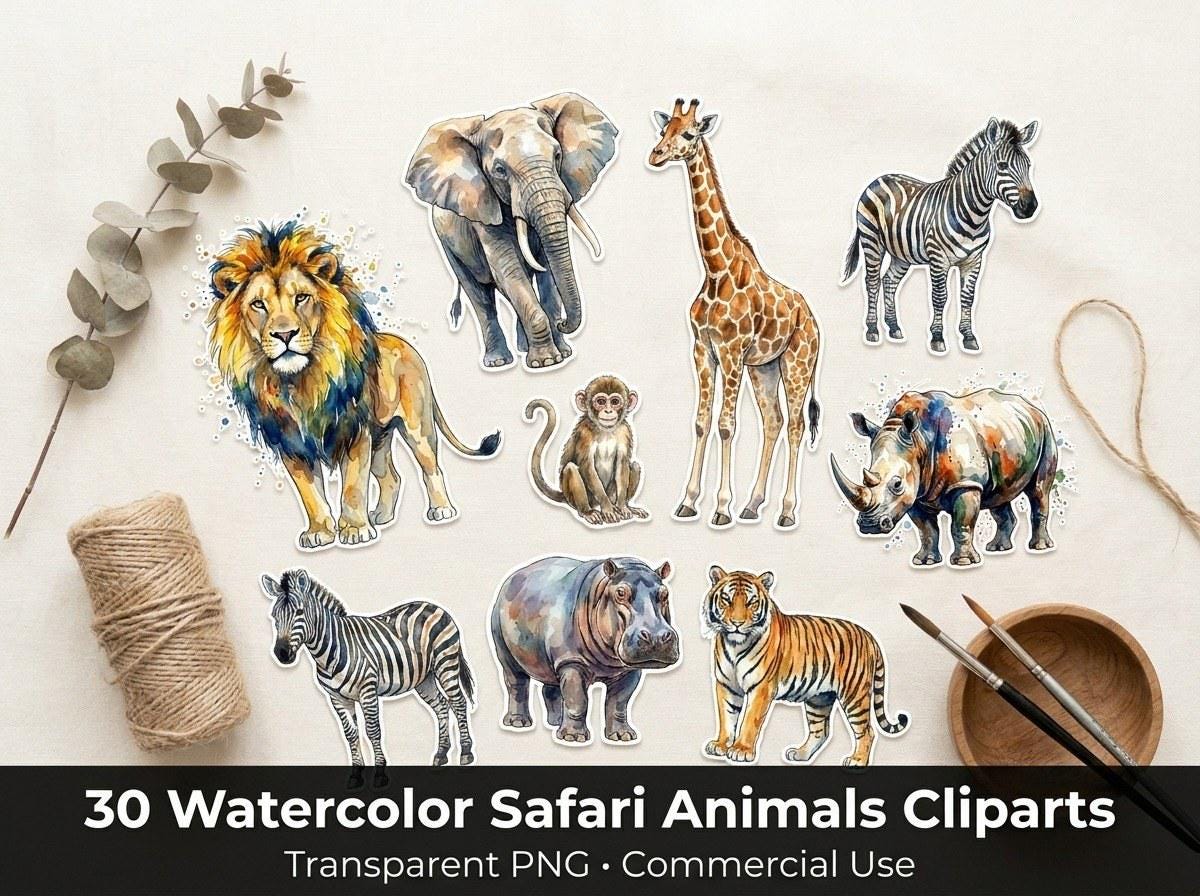 Watercolor Safari Animal Clipart, 30 Transparent PNG, Commercial Use, Sublimation POD, Digital Download