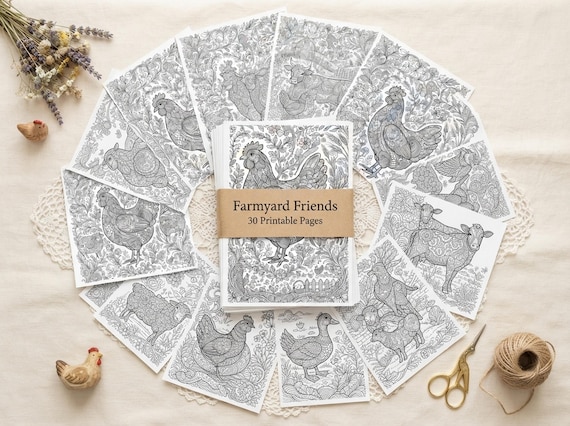 Farmyard Friends Coloring Book, Printable Adult Coloring Pages, Cozy Farmyard Stress Relief PDF, Digital Download · CB-27