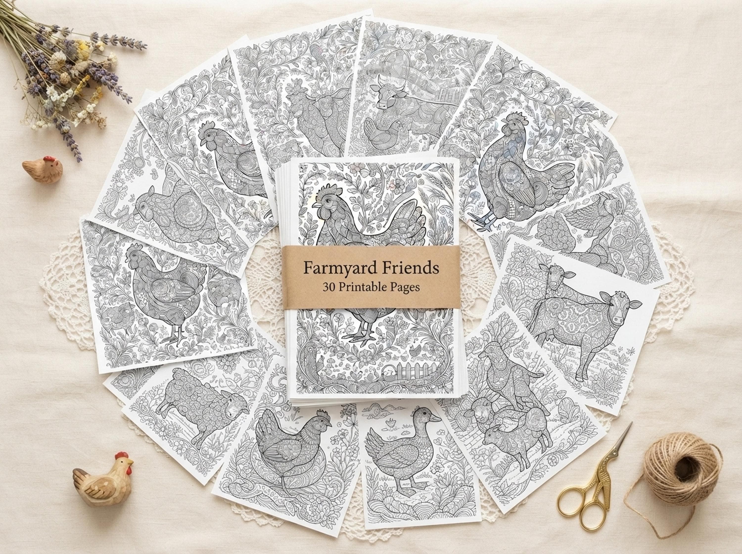 Farmyard Friends Coloring Book, Printable Adult Coloring Pages, Cozy Farmyard Stress Relief PDF, Digital Download · CB-27