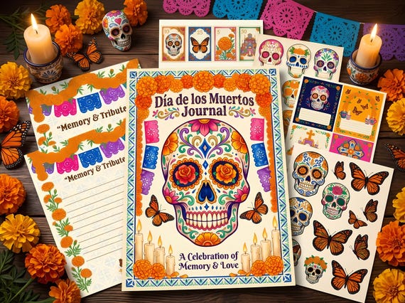 Day of the Dead Junk Journal Kit, Printable Dia de los Muertos Journal Pages, Sugar Skull Ephemera, Marigold Folk Art, Digital Down · JK-083