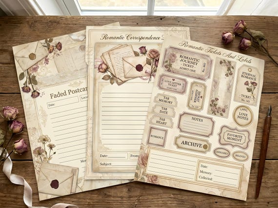 Antique Love Letters Junk Journal Kit, Printable Romantic Journal Pages, Rose Wax Seal Ephemera, Keepsake Tags, Fussy Cuts · JK-019 view 2