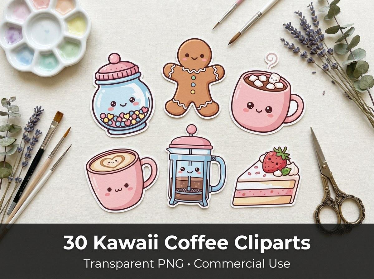 Kawaii Coffee & Sweets Clipart, 30 Transparent PNG, Commercial Use, Sublimation POD, Digital Download