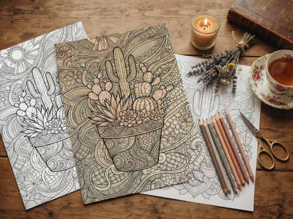 Desert Cactus & Succulents Coloring Book, Printable Adult Coloring Pages, Desert Cactus Stress Relief PDF, Digital Download · CB-24 view 6