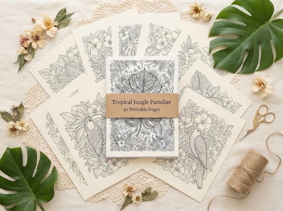 Tropical Jungle Paradise Coloring Book, Printable Adult Coloring Pages, Lush Tropical Jungle Stress Relief PDF, Digital Download · CB-20
