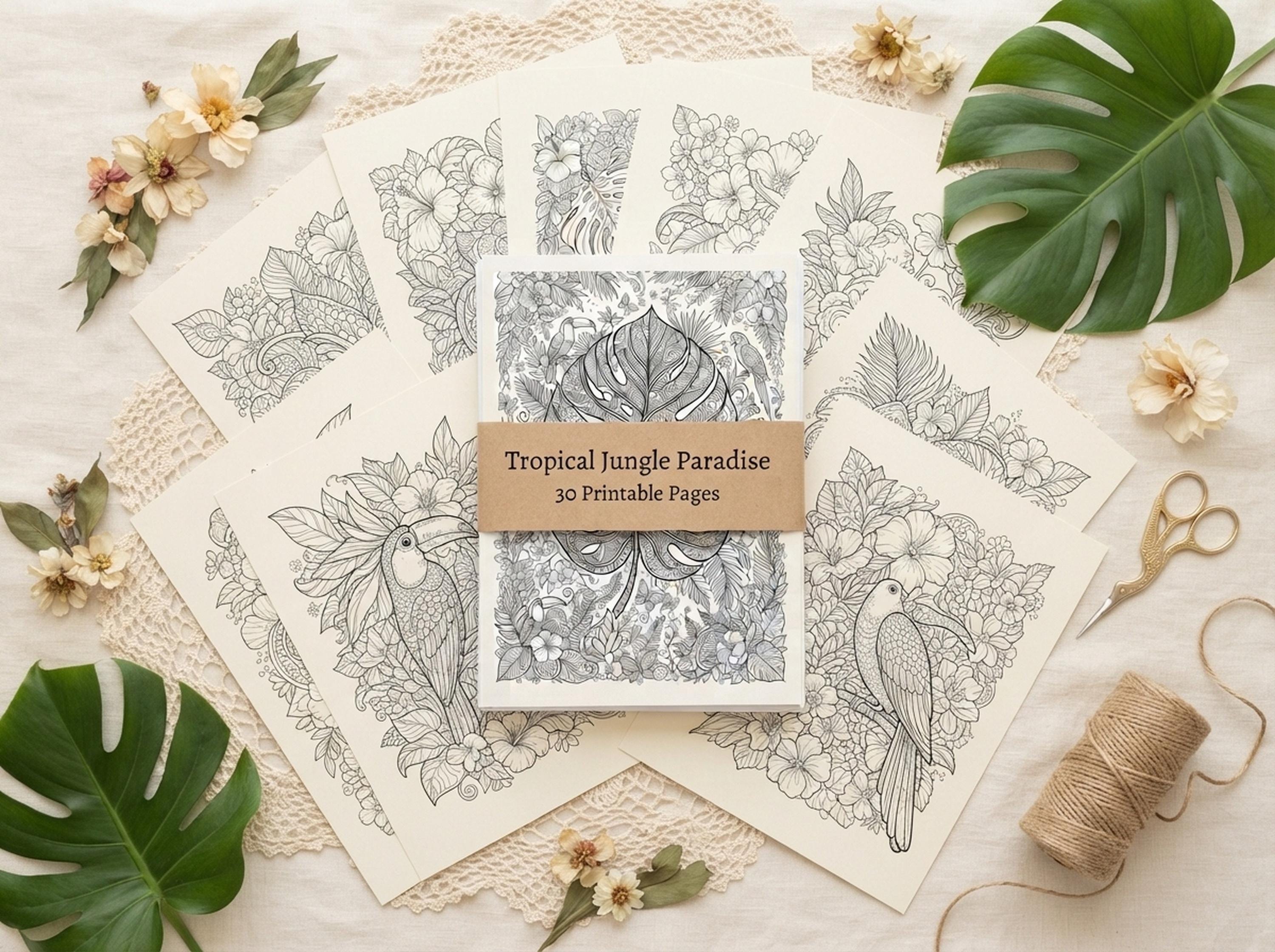 Tropical Jungle Paradise Coloring Book, Printable Adult Coloring Pages, Lush Tropical Jungle Stress Relief PDF, Digital Download · CB-20