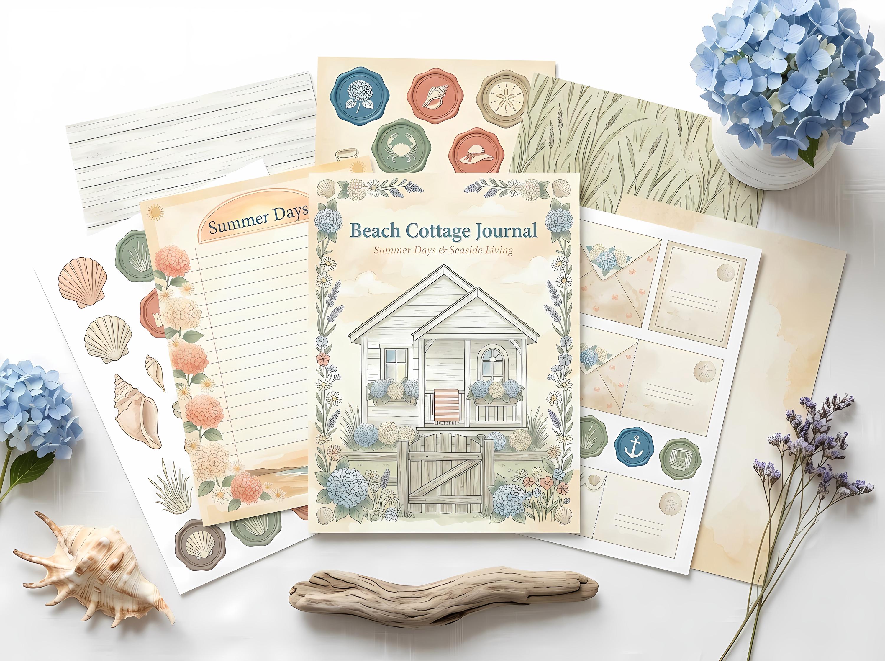 Beach Cottage Junk Journal Kit, Printable Coastal Summer Journal Pages, Seaside Ephemera, Seashell Tags, Digital Download · JK-087