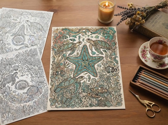 Sea Turtles & Coral Reef Coloring Book, Printable Adult Coloring Pages, Ornate Coral Reef Stress Relief PDF, Digital Download · CB-38 view 6