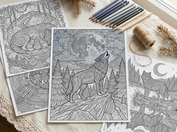 Wolves & Moonlit Wilderness Coloring Book, Printable Adult Coloring Pages, Wolf Nature Stress Relief PDF, Digital Download view 2