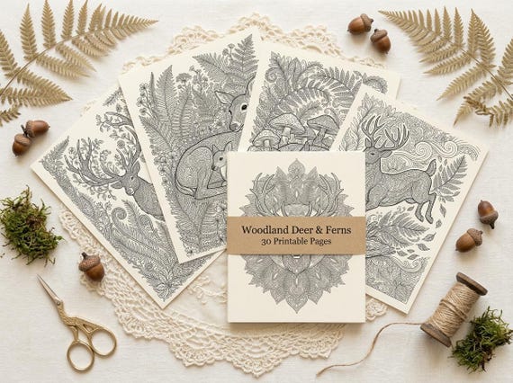 Woodland Deer & Ferns Coloring Book, Printable Adult Coloring Pages, Forest Nature Stress Relief PDF, Digital Download
