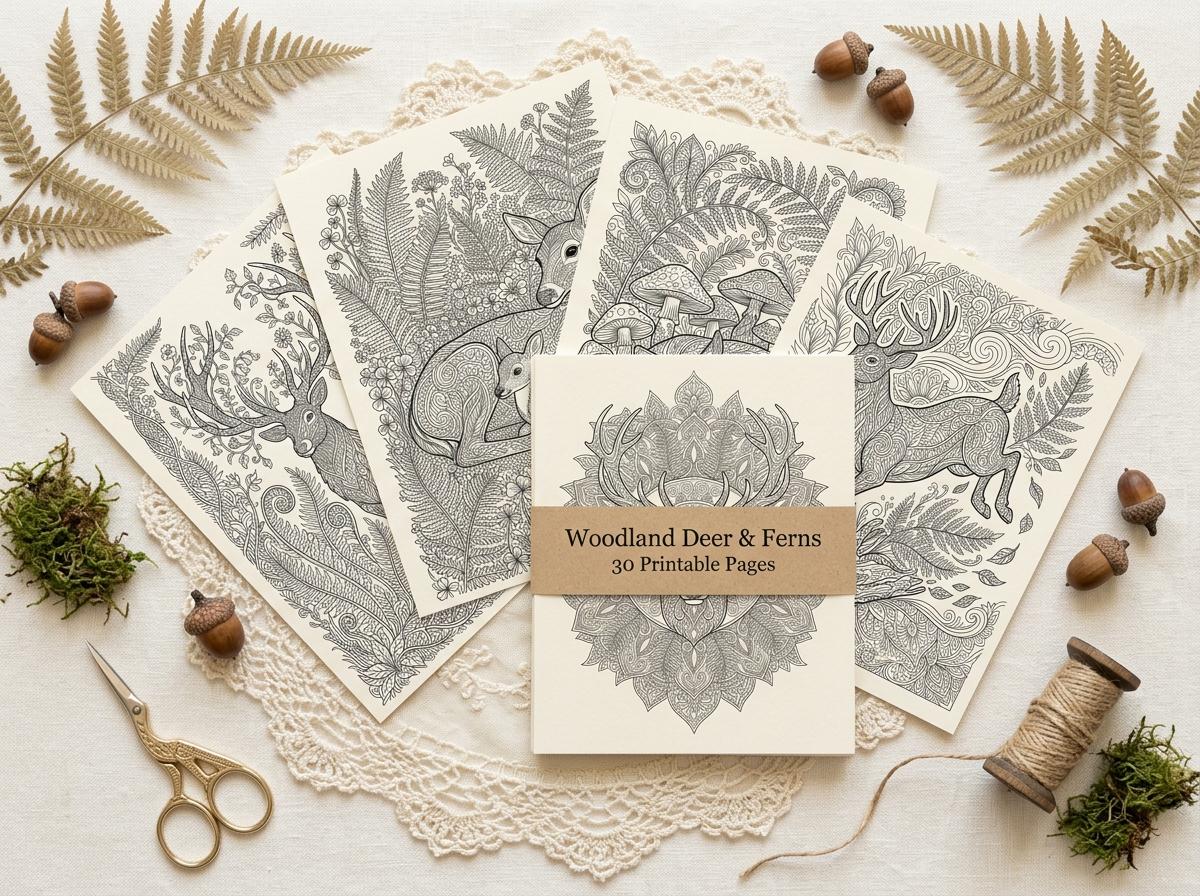 Woodland Deer & Ferns Coloring Book, Printable Adult Coloring Pages, Forest Nature Stress Relief PDF, Digital Download