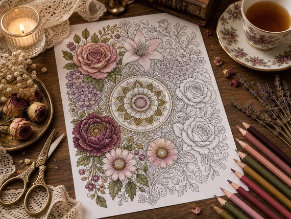 Vintage Floral Mandalas Coloring Book, Printable Adult Coloring Pages, Stress Relief Flower PDF, Digital Download · CB-06 view 6