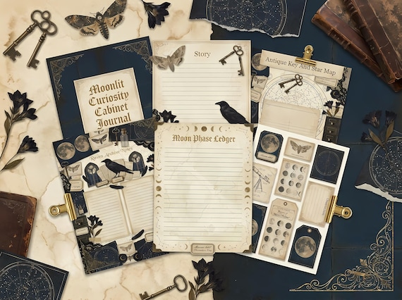 Moonlit Curiosity Cabinet Junk Journal Kit, Printable Dark Academia Journal Pages, Gothic Botanical Ephemera, Moon Phase Tags, Fuss · JK-009 view 2