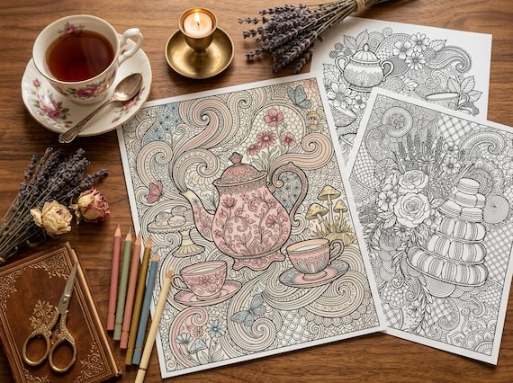 Cottagecore Tea Party Coloring Book, Printable Adult Coloring Pages, Cottagecore Tea Party Stress Relief PDF, Digital Download · CB-25 view 3