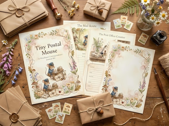 Tiny Postal Mouse Junk Journal Kit, Printable Woodland Correspondence Pages, Cottagecore Ephemera, Tags, Postcards, Fussy Cuts · JK-003