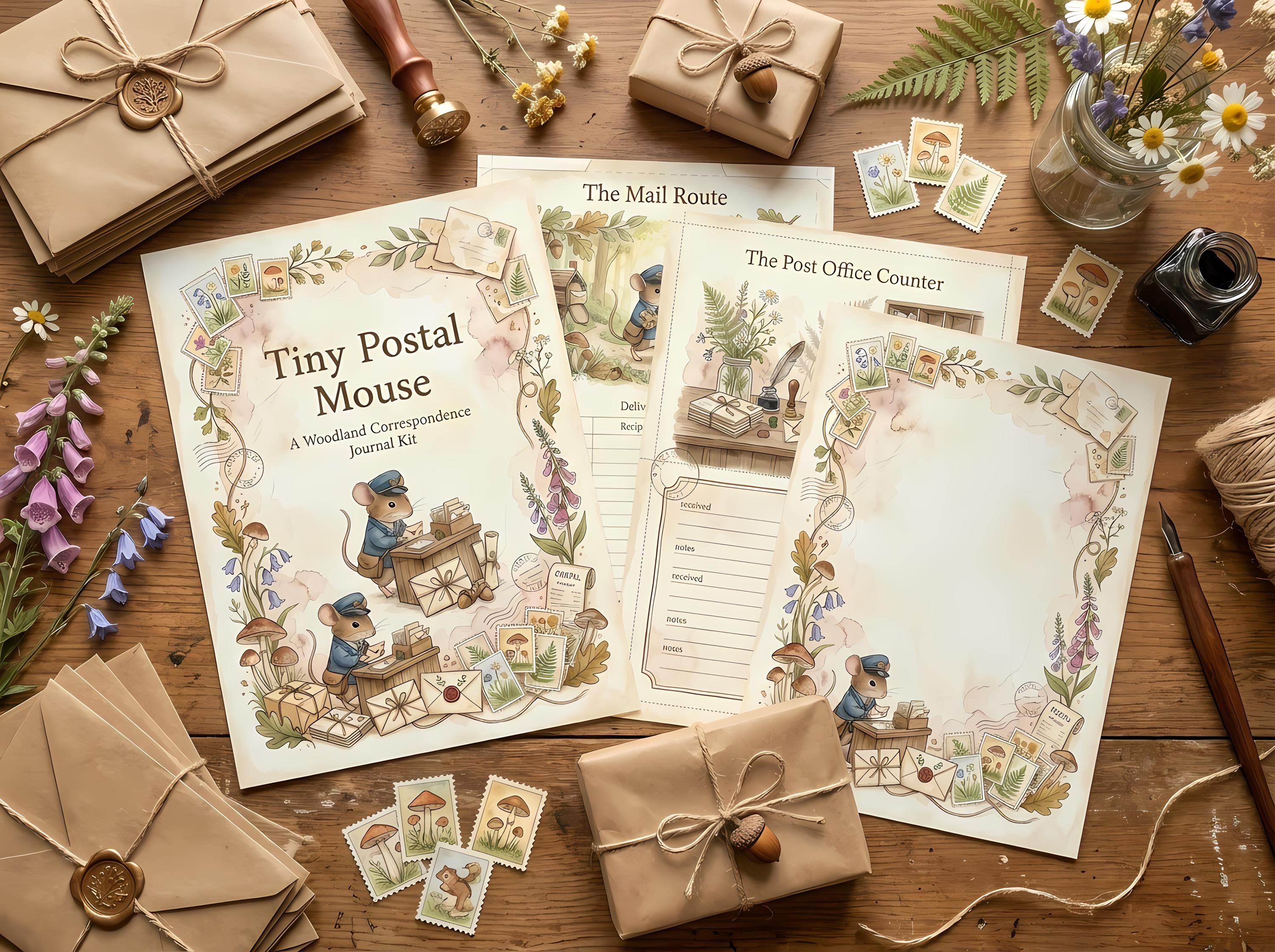 Tiny Postal Mouse Junk Journal Kit, Printable Woodland Correspondence Pages, Cottagecore Ephemera, Tags, Postcards, Fussy Cuts · JK-003
