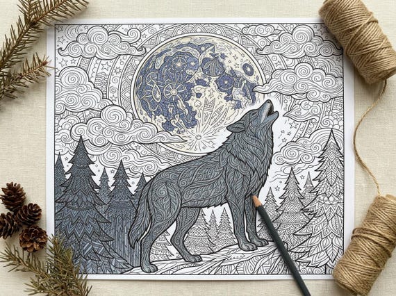 Wolves & Moonlit Wilderness Coloring Book, Printable Adult Coloring Pages, Wolf Nature Stress Relief PDF, Digital Download view 4
