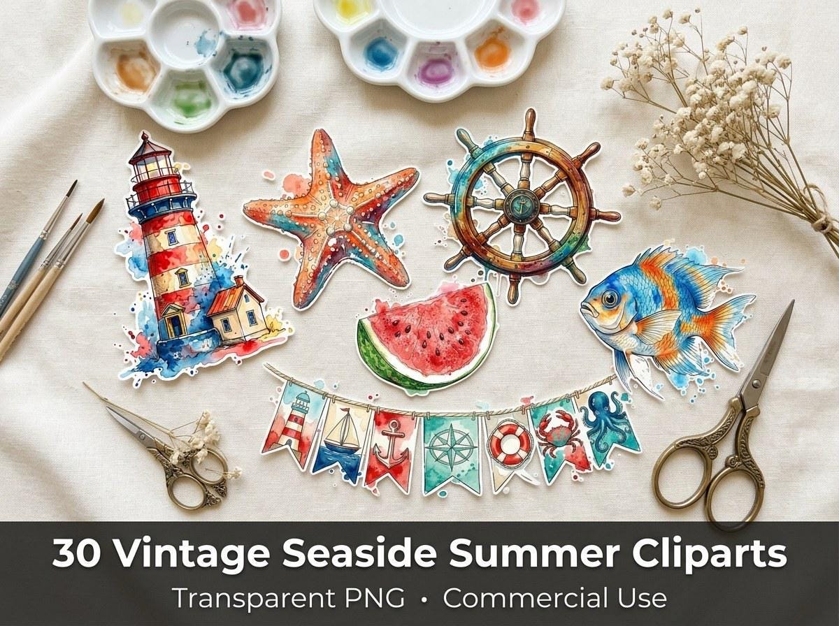 Vintage Seaside Summer Clipart, 30 Transparent PNG, Commercial Use, Sublimation POD, Digital Download