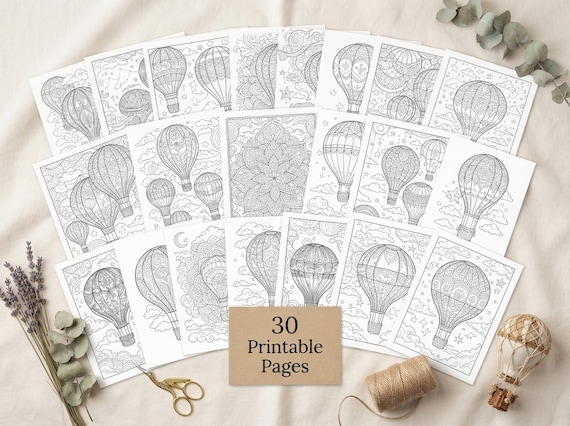 Whimsical Hot Air Balloons Coloring Book, Printable Adult Coloring Pages, Stress Relief PDF, Digital Download · CB-28 view 2