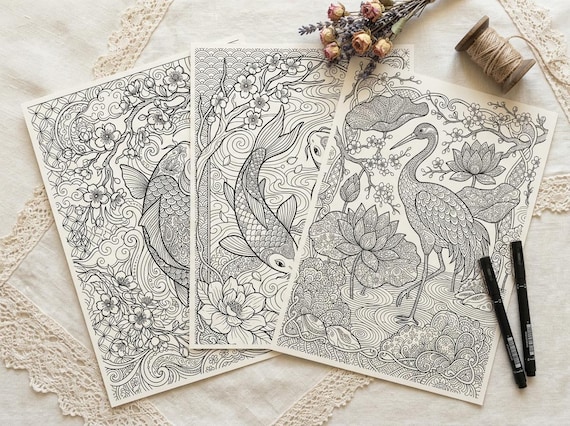 Japanese Koi & Cherry Blossom Coloring Book, Printable Adult Coloring Pages, Stress Relief PDF, Digital Download · CB-21 view 7