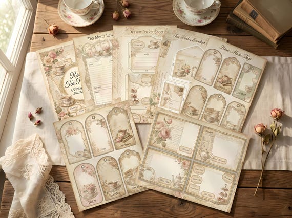 Rose Tea Parlor Junk Journal Kit, Printable Cottagecore Tea Journal Pages, Dessert Ephemera, Teacup Tags, Fussy Cuts · JK-023