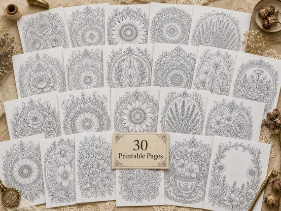 Vintage Floral Mandalas Coloring Book, Printable Adult Coloring Pages, Stress Relief Flower PDF, Digital Download · CB-06 view 2