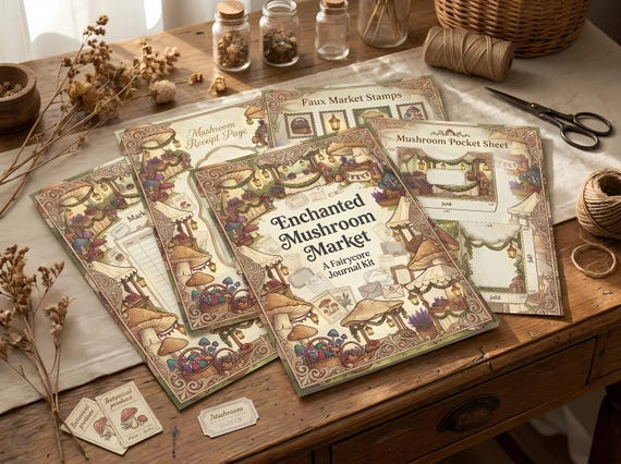Enchanted Mushroom Market Junk Journal Kit, Printable Fairy Market Journal Pages, Mushroom Ephemera, Market Tags, Fussy Cuts · JK-025