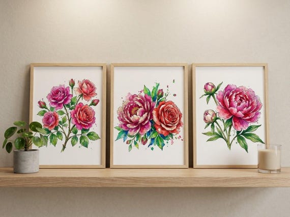 Watercolor Rose & Peony Clipart, 30 Transparent PNG, Commercial Use, Sublimation POD, Digital Download view 4