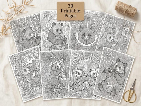 Giant Pandas & Bamboo Coloring Book, Printable Adult Coloring Pages, Bamboo Forest Stress Relief PDF, Digital Download view 6