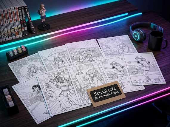 Manga Coloring Book Vol. 1 School Life, Printable Anime Style Coloring Pages, Slice of Life Stress Relief PDF, Digital Download view 2