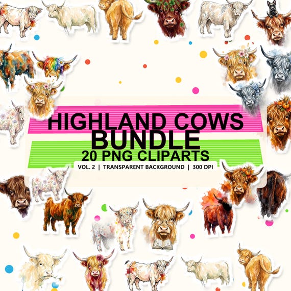 Highland Cows Clipart Vol. 2 — 20 Watercolor PNG Clipart, Transparent Background, 300 DPI, Digital Download, Commercial Use