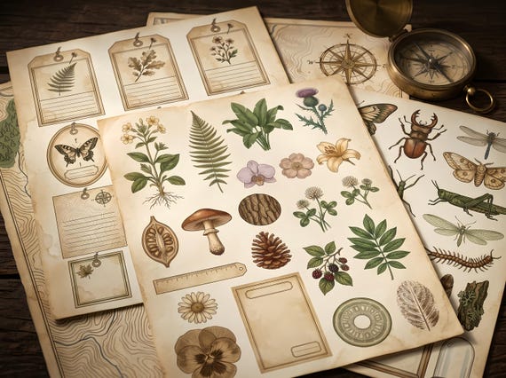 Explorer Field Notes Junk Journal Kit, Printable Vintage Nature Journal Pages, Botanical Specimen Tags, Map Ephemera, Digital Downl · JK-079 view 4