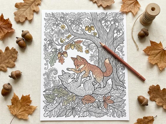 Red Foxes & Autumn Woodland Coloring Book, Printable Adult Coloring Pages, Fox Nature Stress Relief PDF, Digital Download view 2