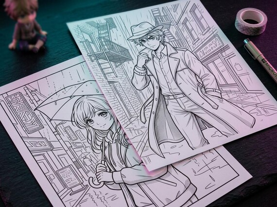 Manga Coloring Book Vol. 3 Night City Cyberpunk Noir, Printable Anime Style Coloring Pages, Neon Detective Ninja PDF, Digital Download view 6