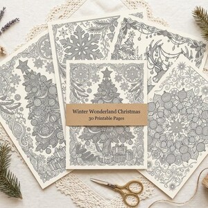 May include: A collection of white paper sheets featuring intricate black line art of Christmas trees, snowflakes, and ornaments. A brown paper band across the center reads Winter Wonderland Christmas 30 Printable Pages in black text.