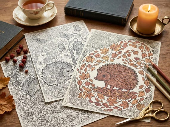 Hedgehogs & Forest Berries Coloring Book, Printable Adult Coloring Pages, Woodland Nature Stress Relief PDF, Digital Download view 2