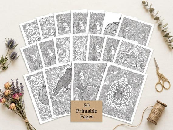 Gothic Halloween Coloring Book, Printable Adult Coloring Pages, Spooky Night Stress Relief PDF, Digital Download · CB-14 view 2
