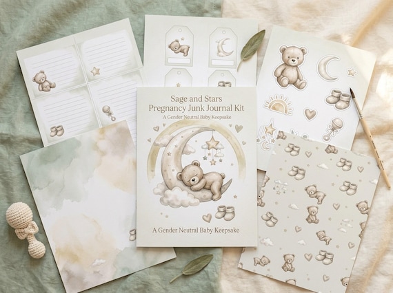 Gender Neutral Pregnancy Junk Journal Kit, Sage and Stars, Printable Ephemera, Baby Shower Gift, Digital Download · JK-130