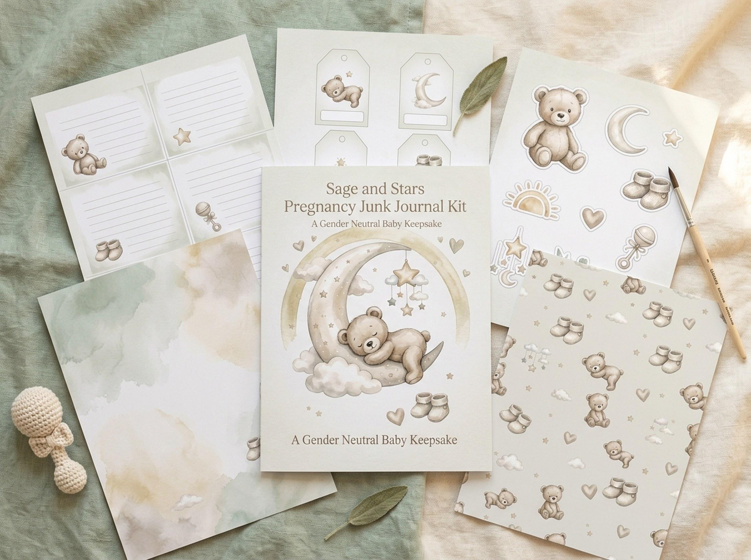 Gender Neutral Pregnancy Junk Journal Kit, Sage and Stars, Printable Ephemera, Baby Shower Gift, Digital Download · JK-130