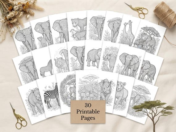Safari Animals Coloring Book, Printable Adult Coloring Pages, Decorative Safari Stress Relief PDF, Digital Download · CB-37 view 2