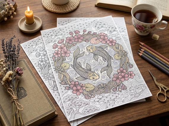 Japanese Koi & Cherry Blossom Coloring Book, Printable Adult Coloring Pages, Stress Relief PDF, Digital Download · CB-21 view 2