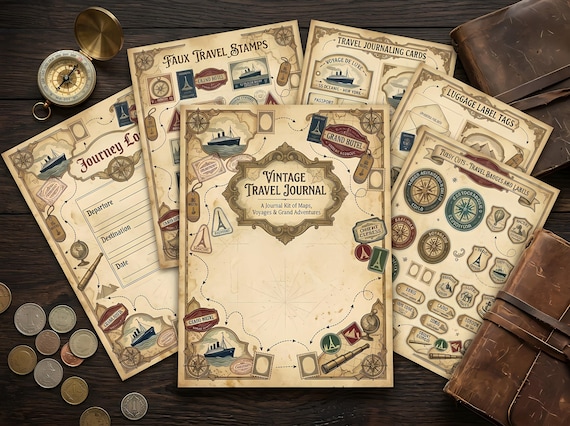 Vintage Travel Journal Kit — Printable Junk Journal, Antique Map Pages, Travel Ephemera, Digital Download · JK-054